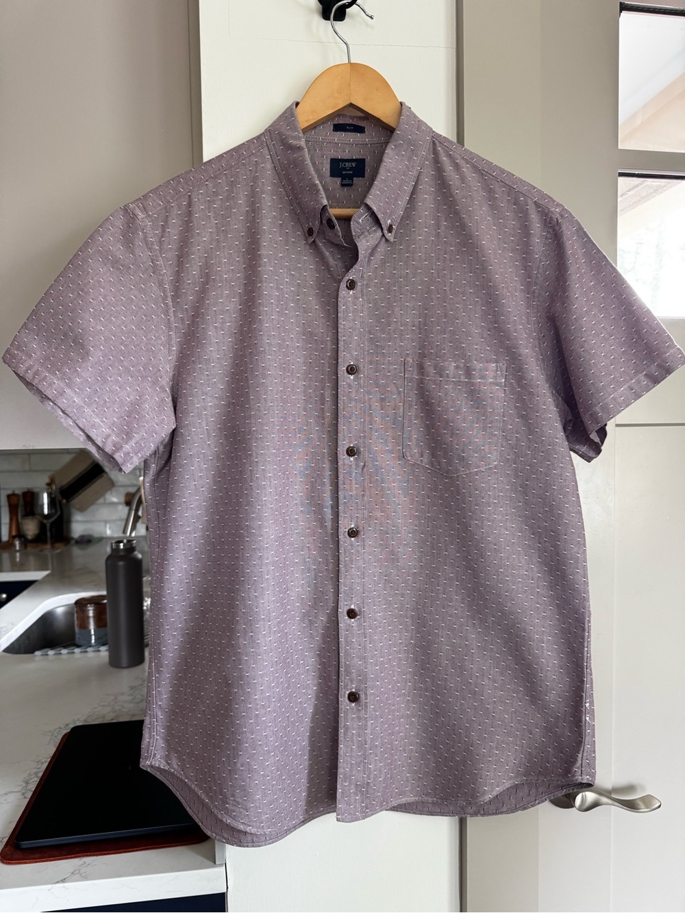 J Crew Slim Fit Oxford Short Sleeve Button Down Purple Dot Size Large
